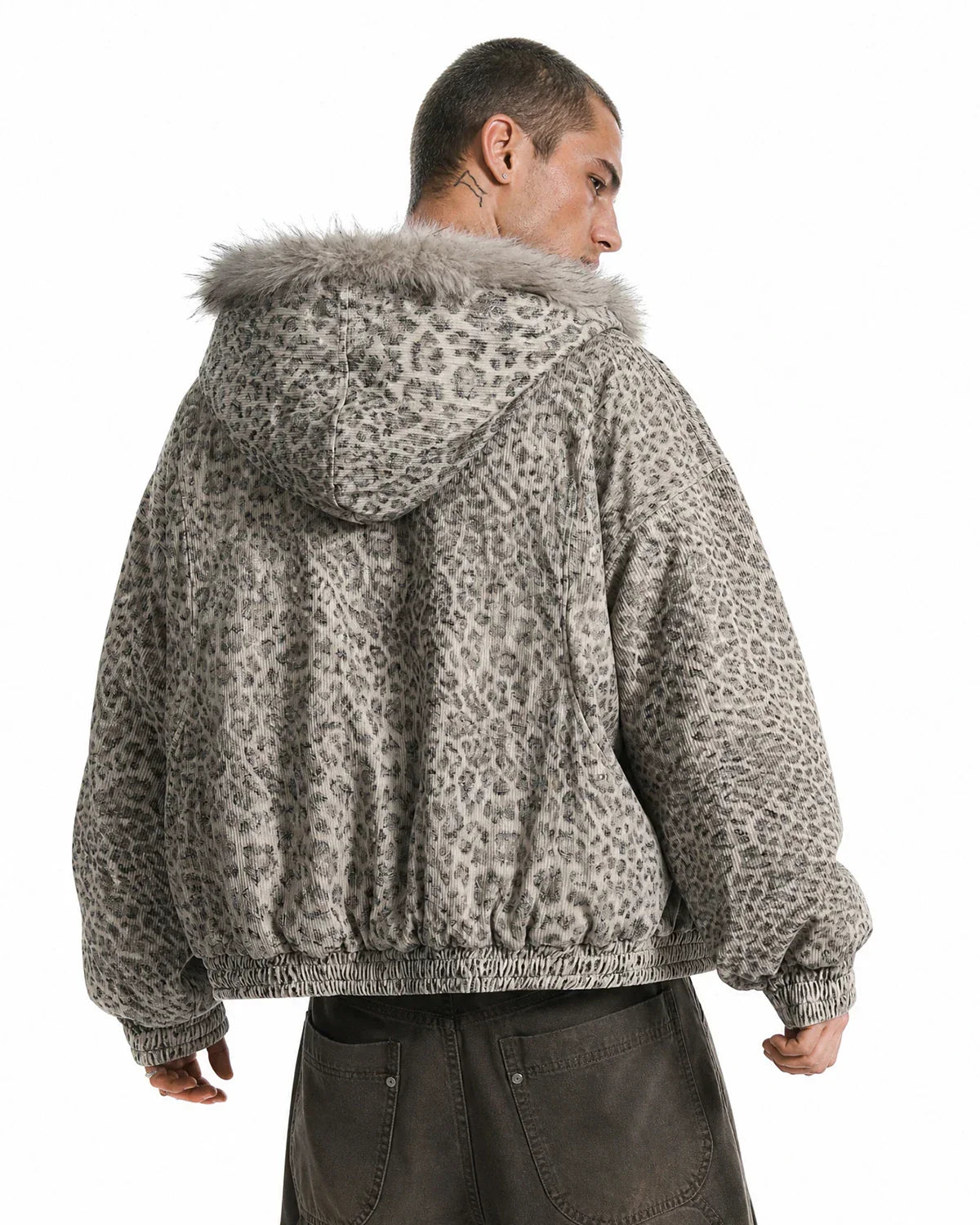 Inflation Leopard Faux Fur Lined Bomber Jacket showing leopard print exterior and plush faux fur interior for stylish warmth.