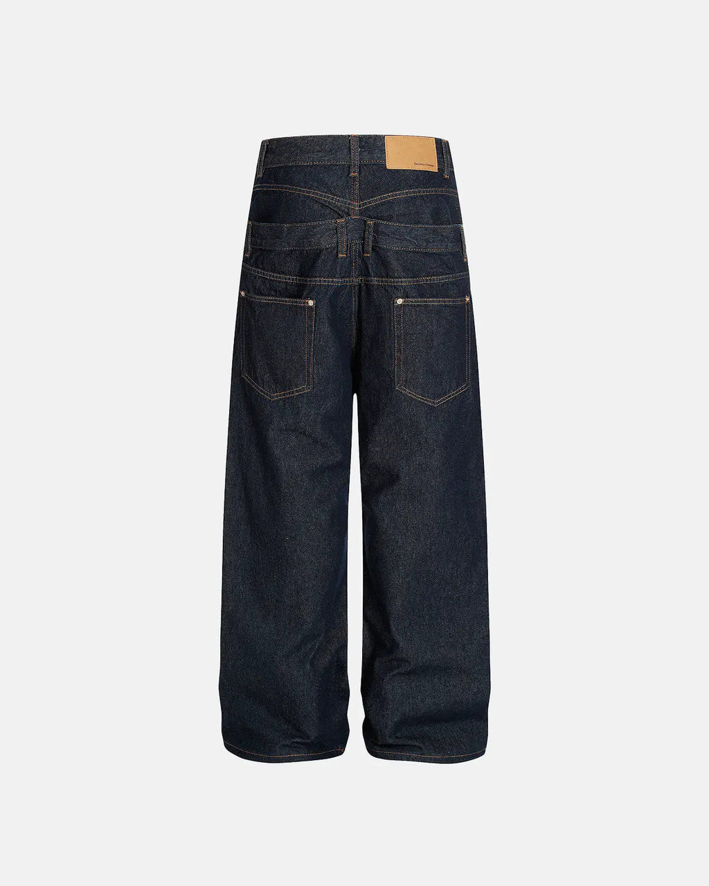 Inflation Streetwear double waist raw baggy jeans with distressed detailing, relaxed fit, and raw hem, styled casually.