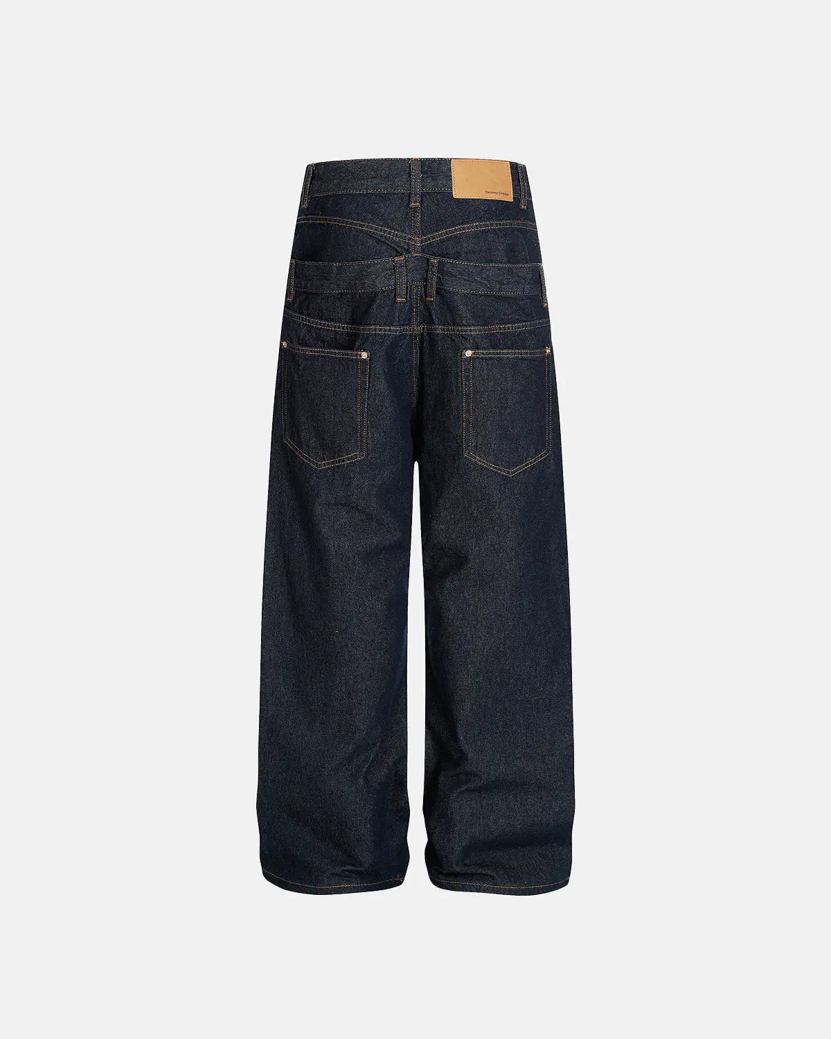 Inflation Streetwear double waist raw baggy jeans with distressed detailing, relaxed fit, and raw hem, styled casually.