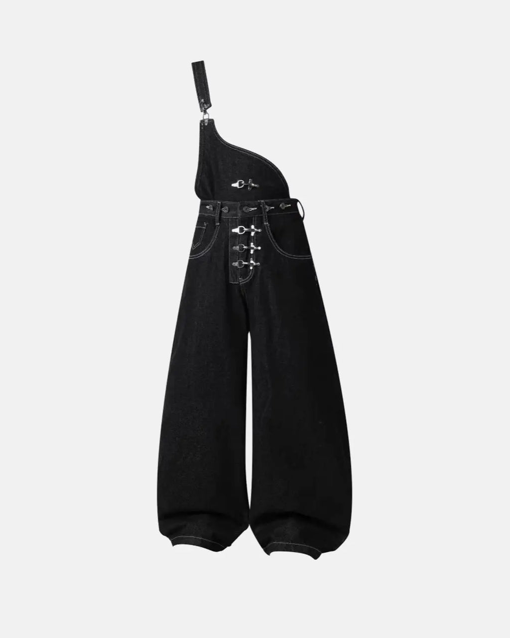Inflation Streetwear asymmetric buckle denim overalls pants featuring unique buckle details and a stylish, modern design.