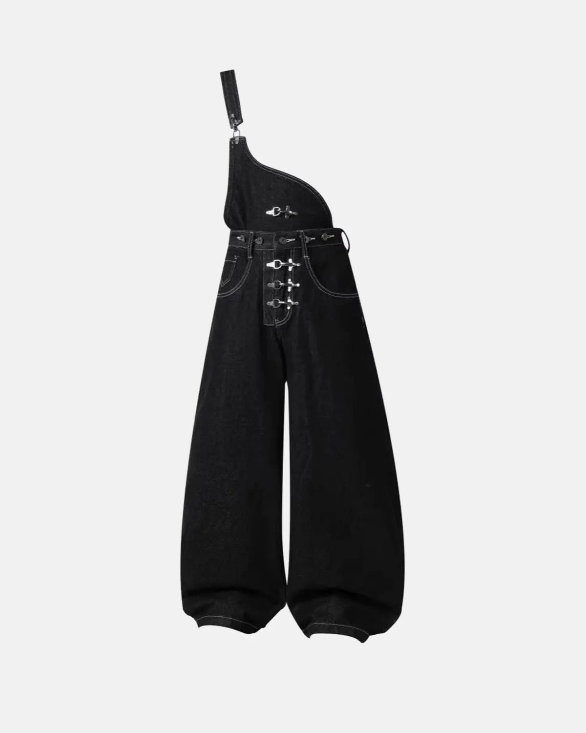 Inflation Streetwear asymmetric buckle denim overalls pants featuring unique buckle details and a stylish, modern design.