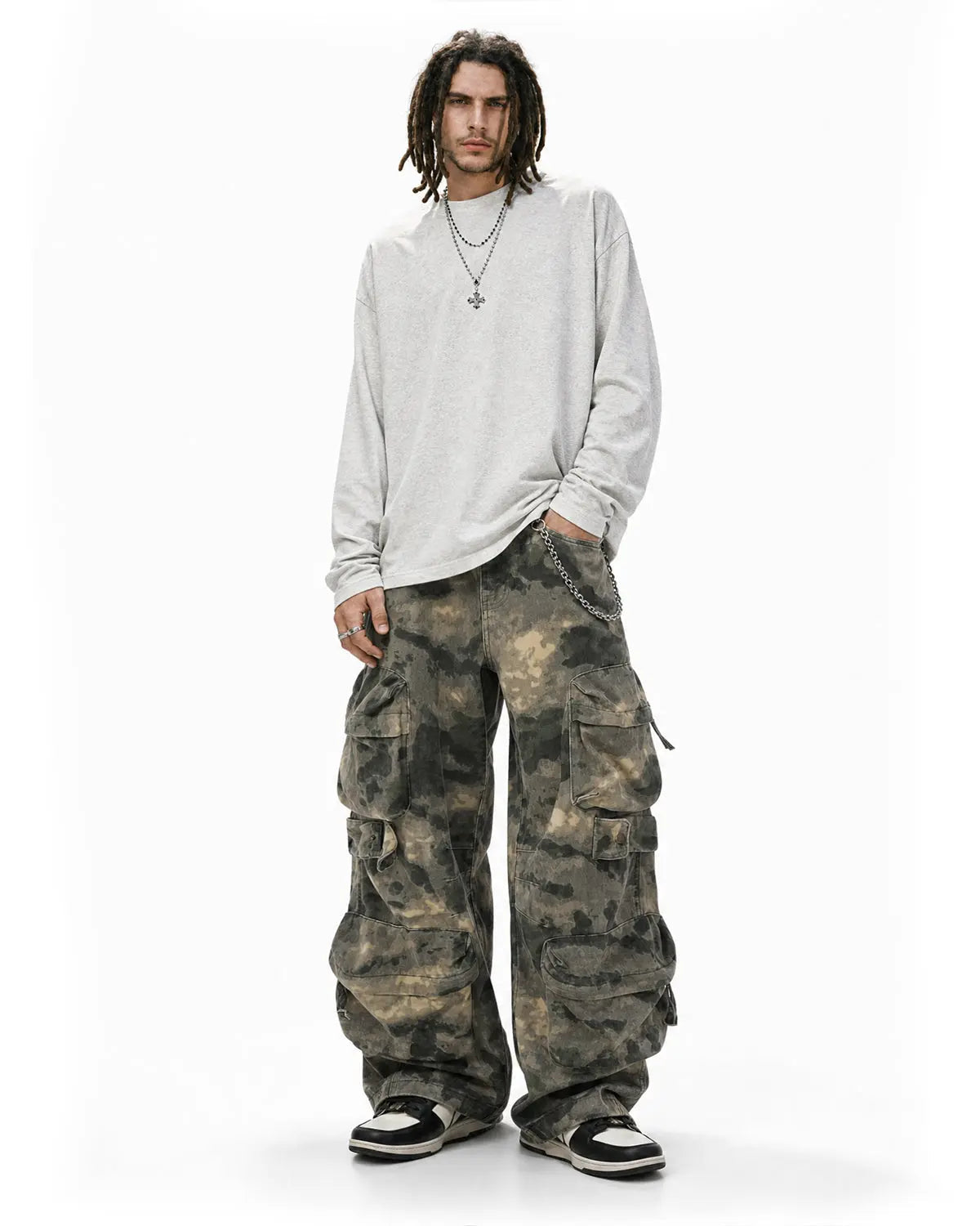 Inflation Camo Multi-Pocket Baggy Cargo Pants with multiple utility pockets and relaxed fit for streetwear style.