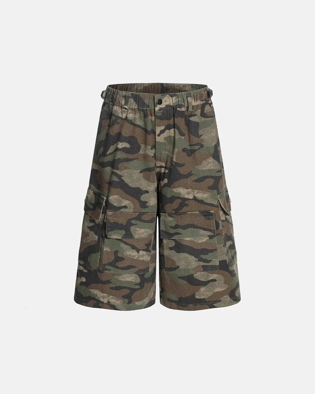 Grey camo utility longline shorts by INFLATION, featuring multiple pockets and a relaxed fit, perfect for streetwear style.