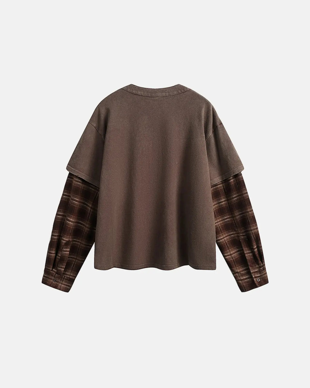 Inflation brand distressed plaid layered long sleeve T-shirt featuring a casual, edgy streetwear style with a layered design.