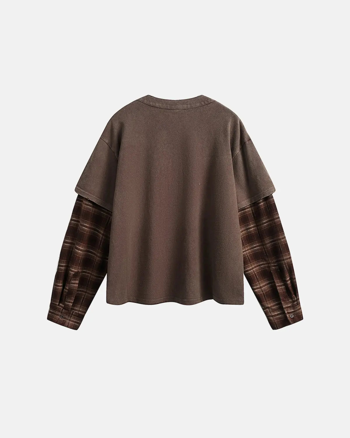 Inflation brand distressed plaid layered long sleeve T-shirt featuring a casual, edgy streetwear style with a layered design.