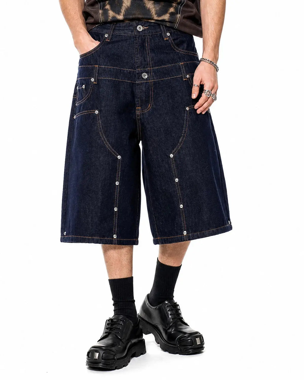 Inflation Streetwear double waist rivet baggy jorts, denim pants with rivet details and a relaxed fit, casual streetwear style.