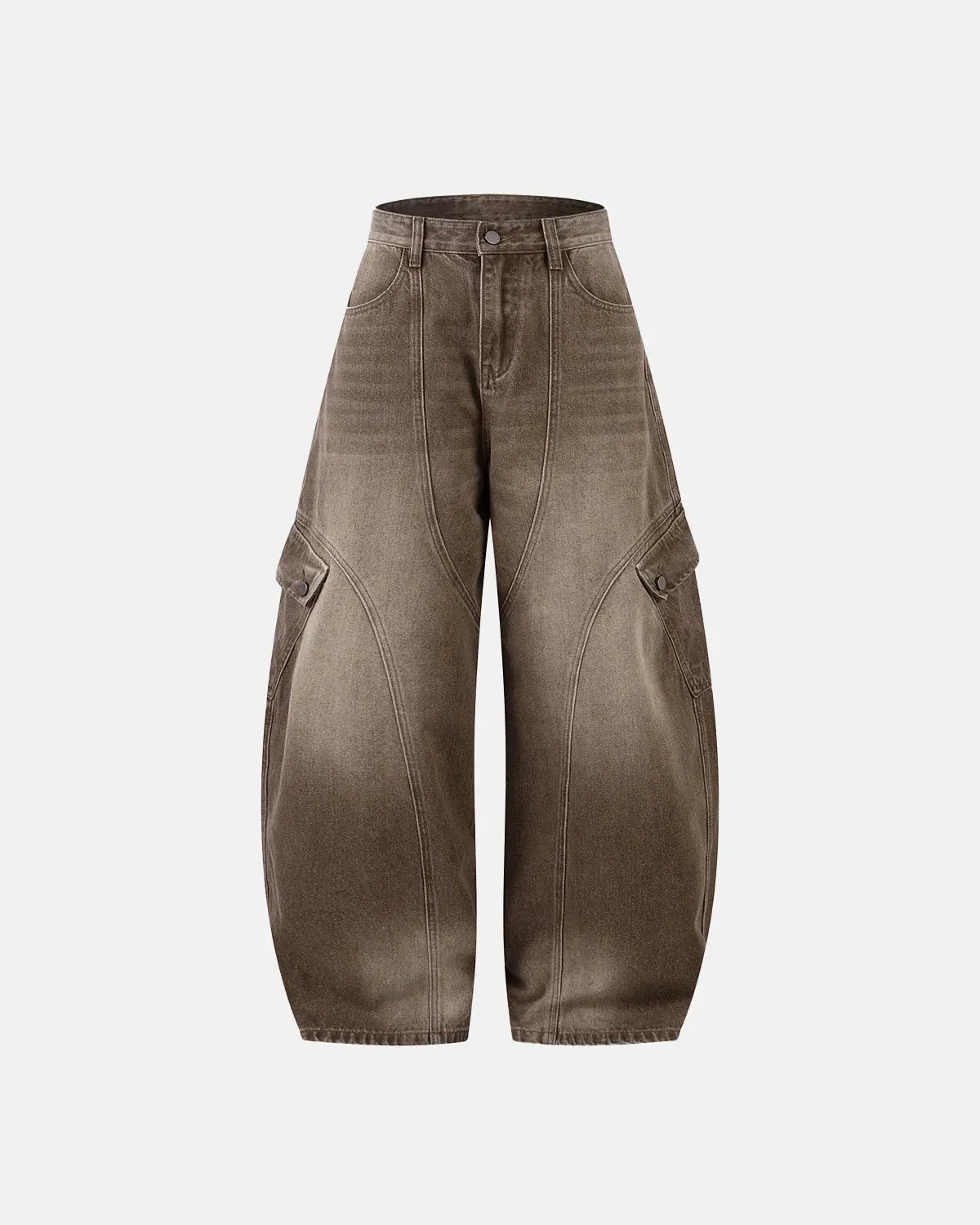 Brown acid wash barrel jeans by INFLATION featuring a relaxed fit, tapered legs, and distinctive acid wash detailing.