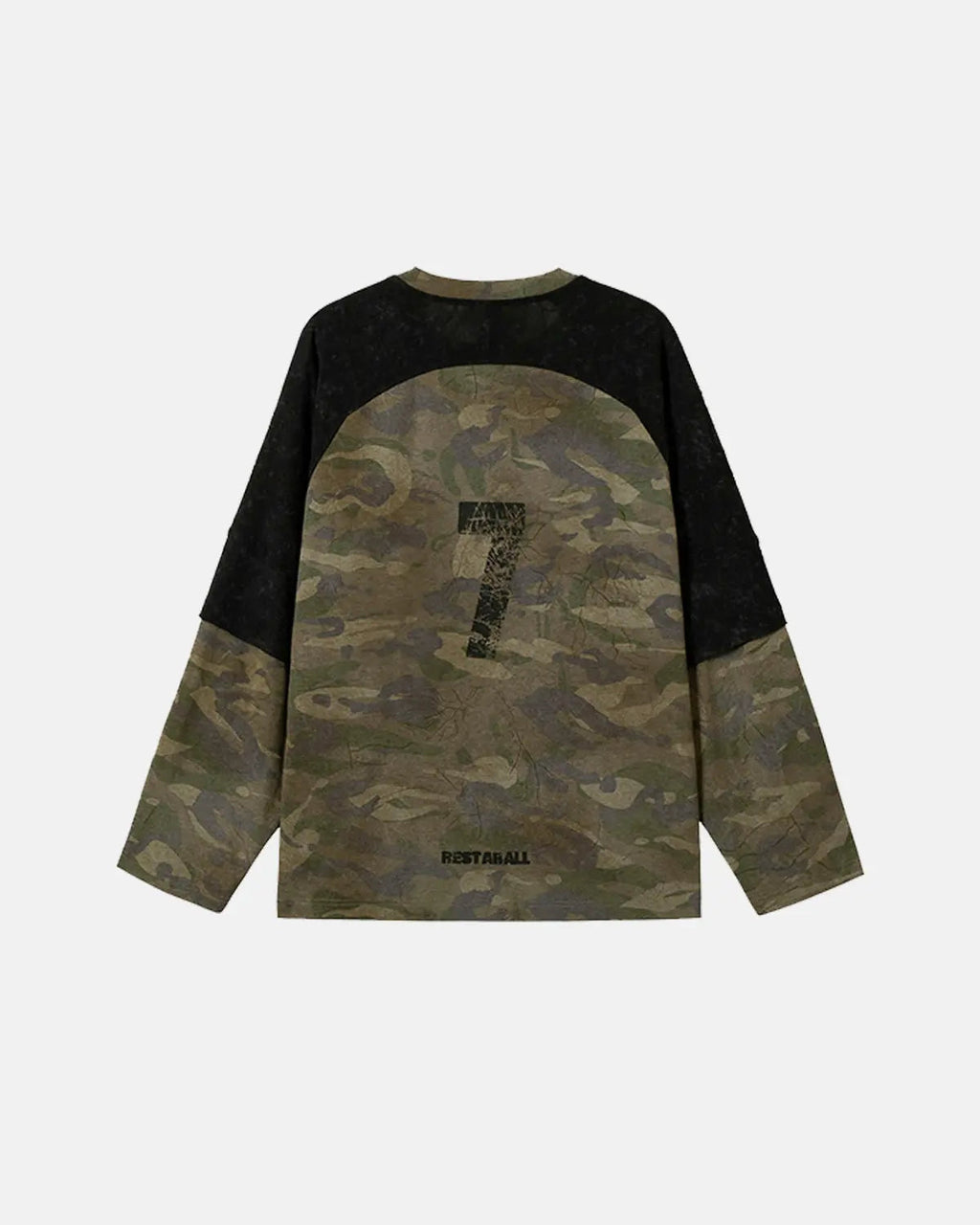 Inflation Streetwear lace patchwork camo raglan tee with long sleeves and mixed fabric details, casual streetwear style.