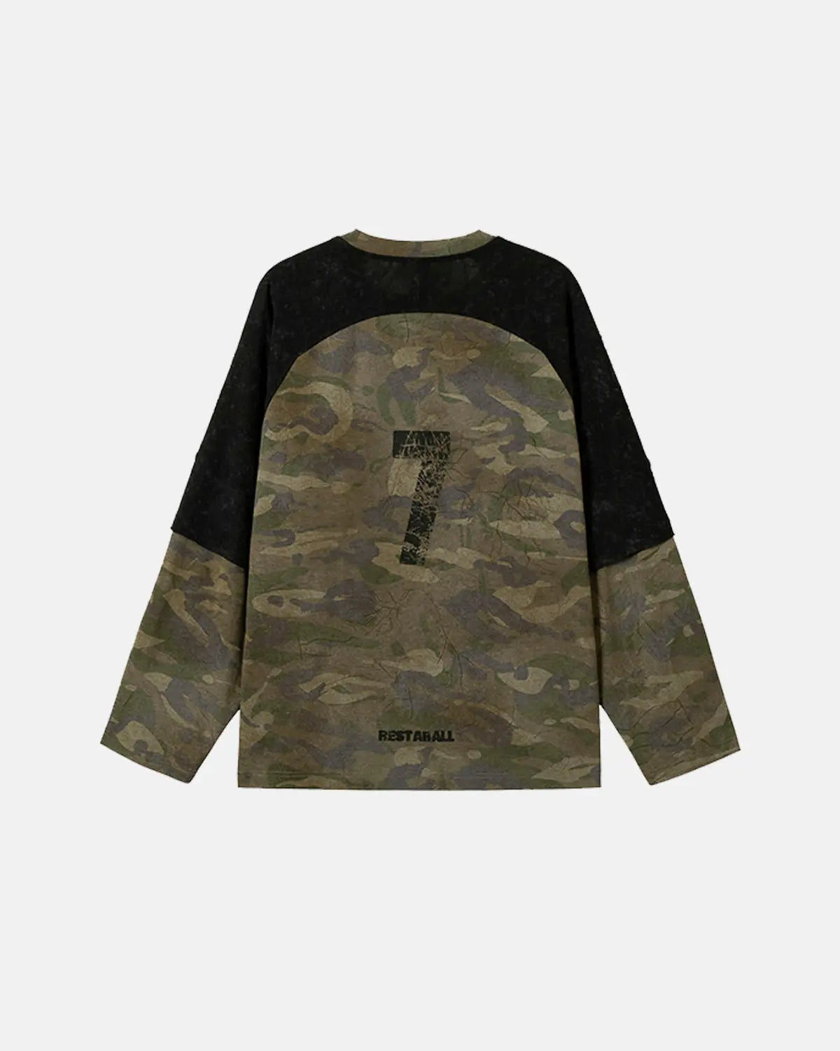 Inflation Streetwear lace patchwork camo raglan tee with long sleeves and mixed fabric details, casual streetwear style.