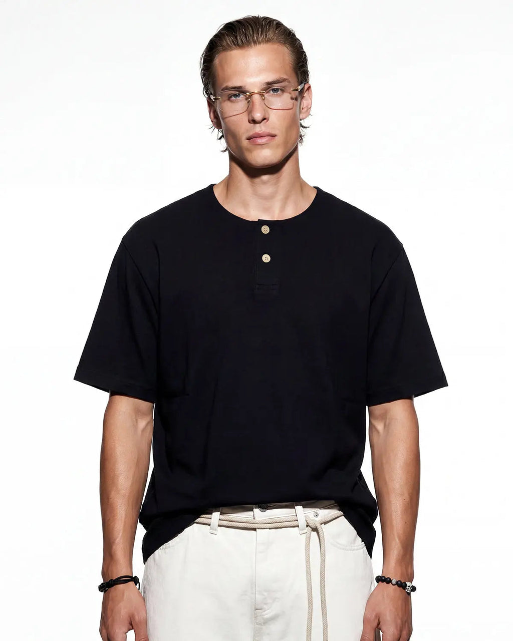 Old Money Henley Collar T-Shirt by INFLATION, featuring a classic henley neckline and casual fit in neutral fabric.