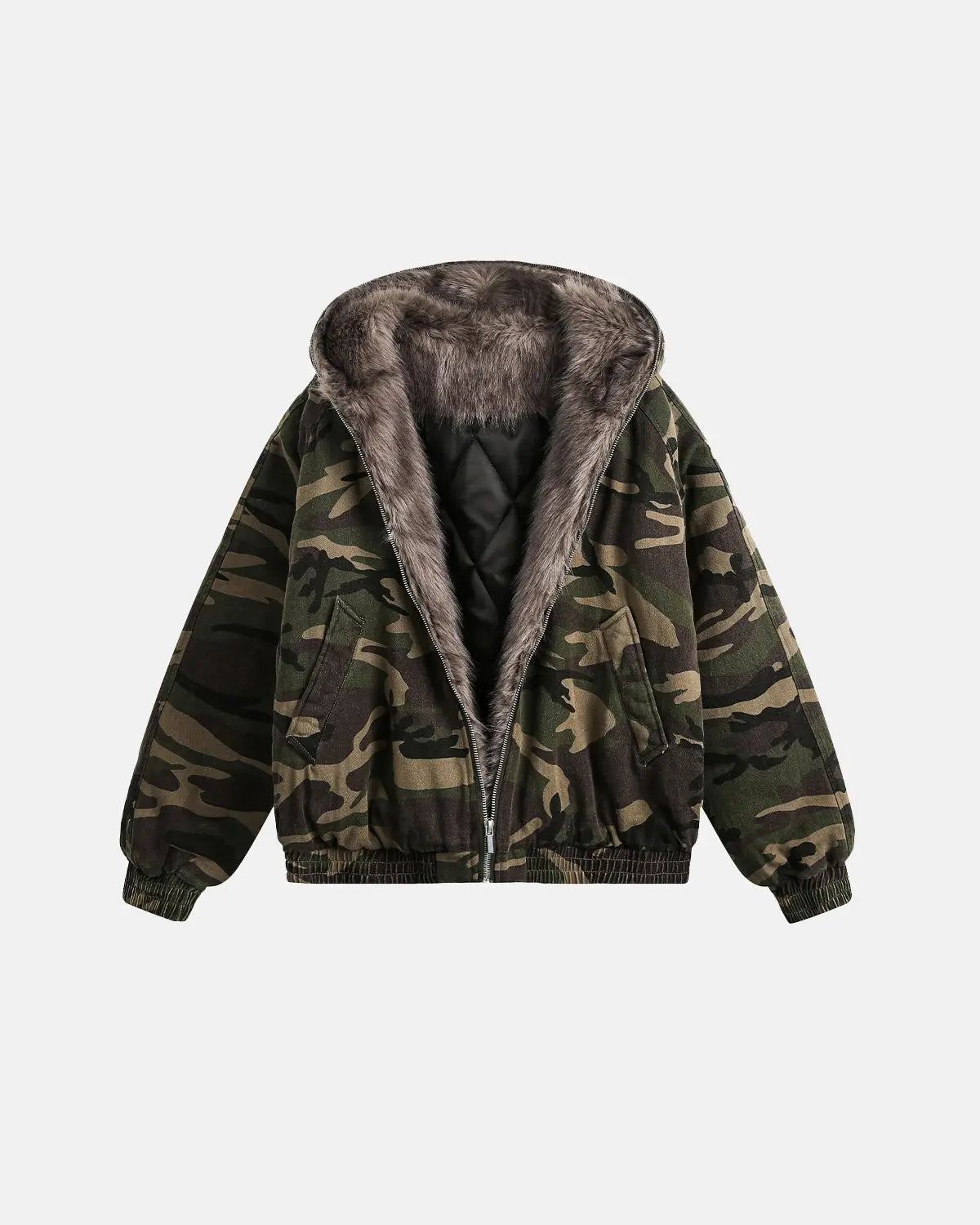 Camo faux fur lined bomber jacket by INFLATION, featuring a camouflage pattern and cozy fur collar on the streetwear style.