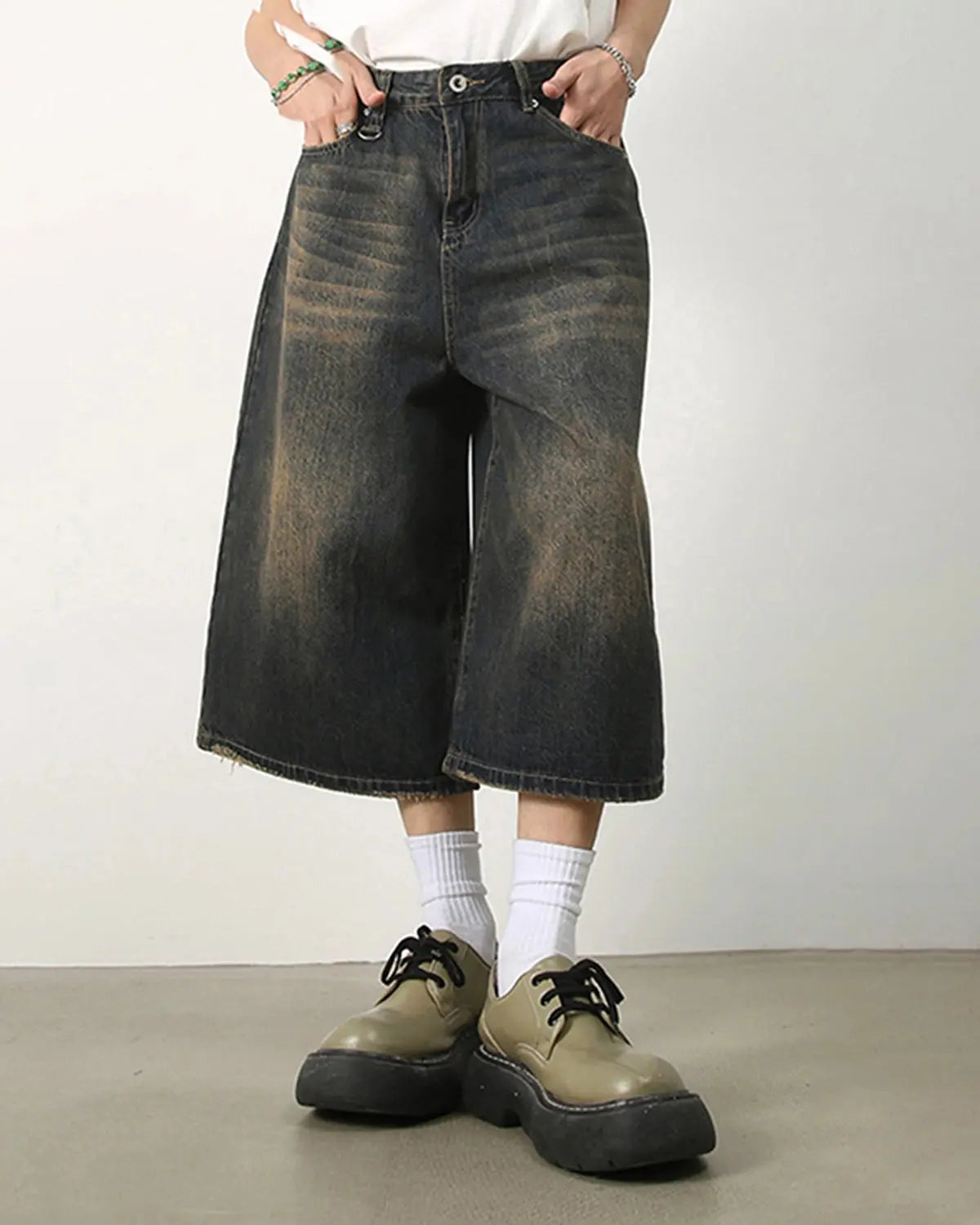 Baggy Jumbo Jorts by INFLATION streetwear, showcasing oversized denim jorts with a relaxed fit and distressed details.