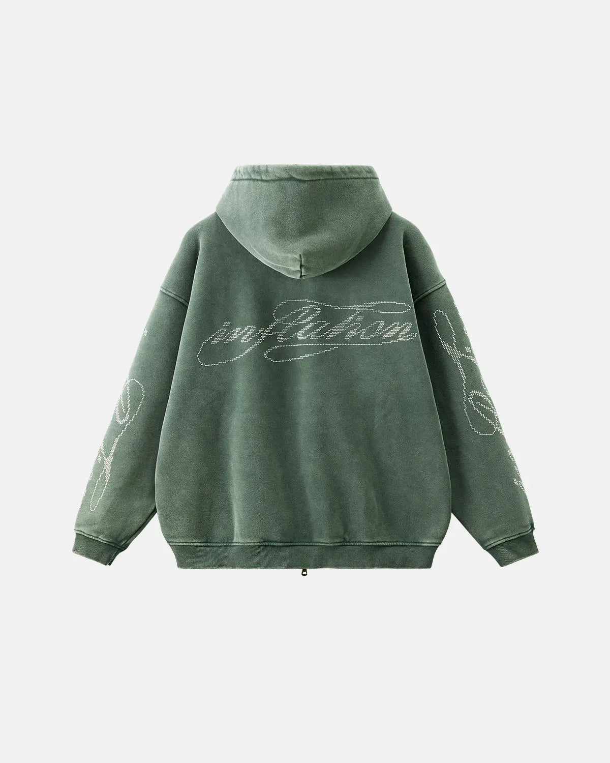 Inflation Streetwear rhinestone distressed washed zip-up hoodie with rhinestone accents and a casual, trendy fit.