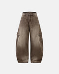 Brown acid wash barrel jeans by Inflation Streetwear, featuring a relaxed fit with distinctive acid wash pattern and barrel leg style.
