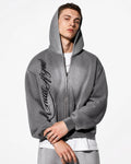 Acid wash zip-up hoodie by INFLATION, streetwear style with a casual fit, featuring a front zipper and distressed wash finish.