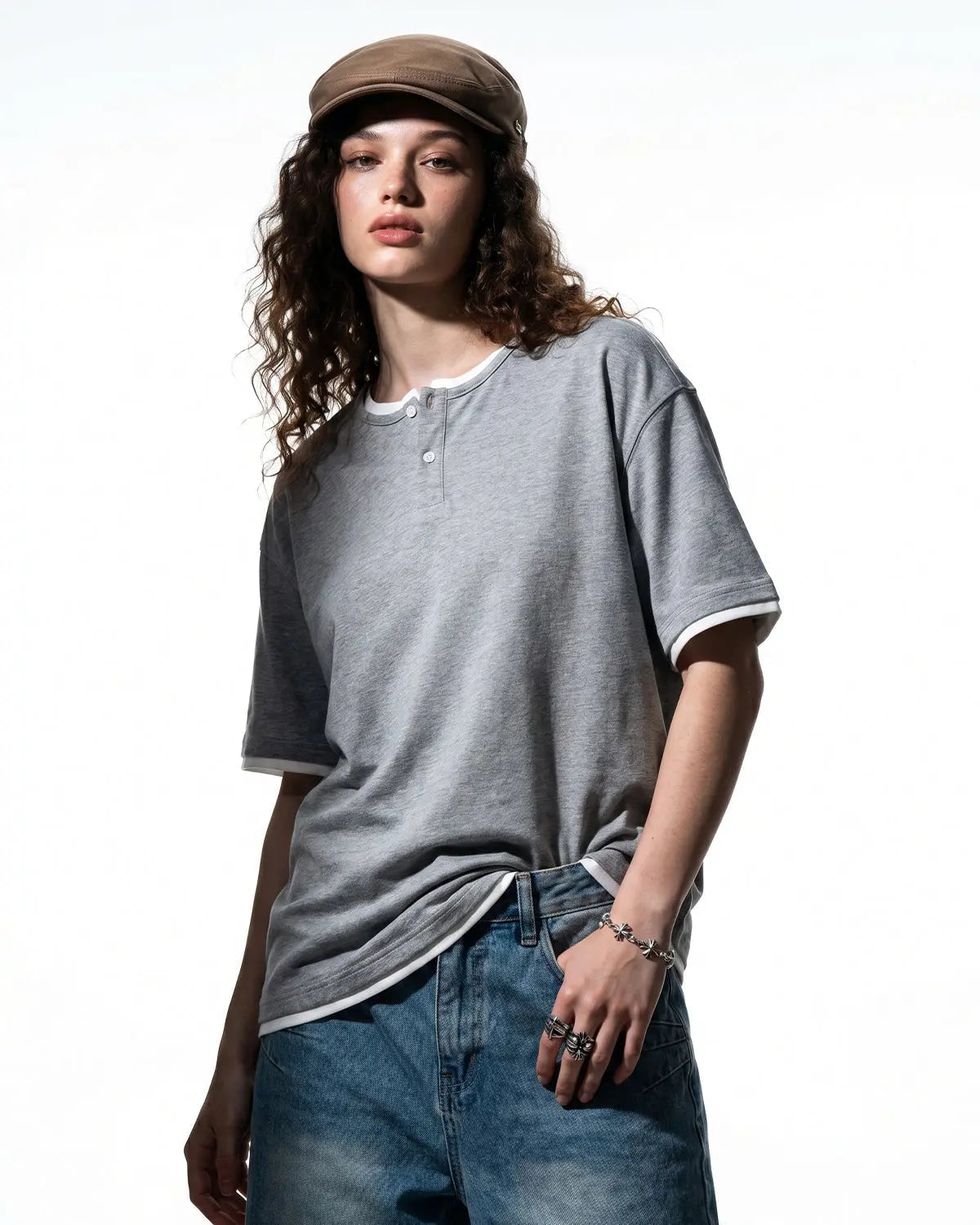 Old Money Layered Henley T-Shirt by Inflation Streetwear, men's casual shirt with layered design and buttoned neckline.