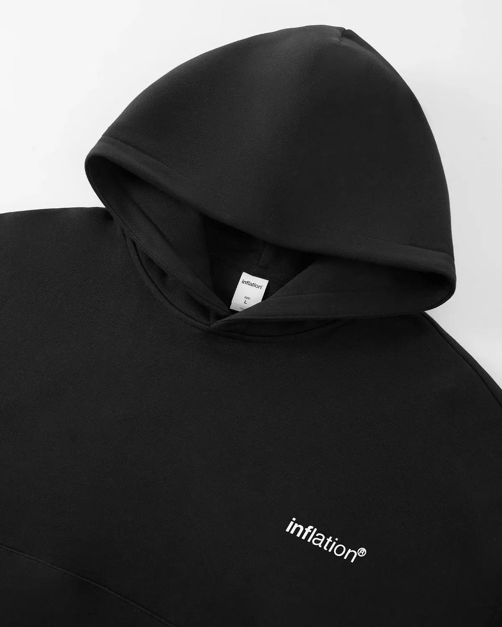 Inflation Streetwear Logo Comfy Boxy Fit Hoodie in black, featuring a relaxed fit and bold branding on the front.