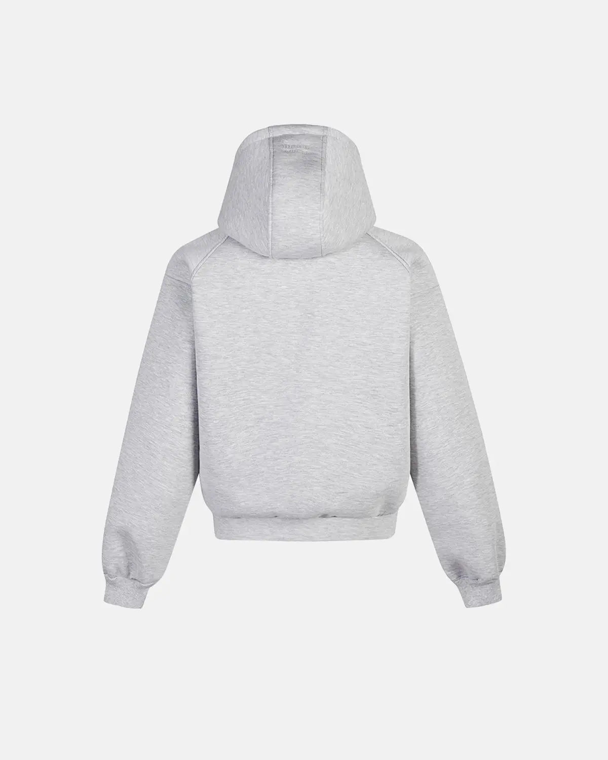 Gray boxy zip-up hoodie by INFLATION featuring a relaxed fit, front zipper, and casual style.
