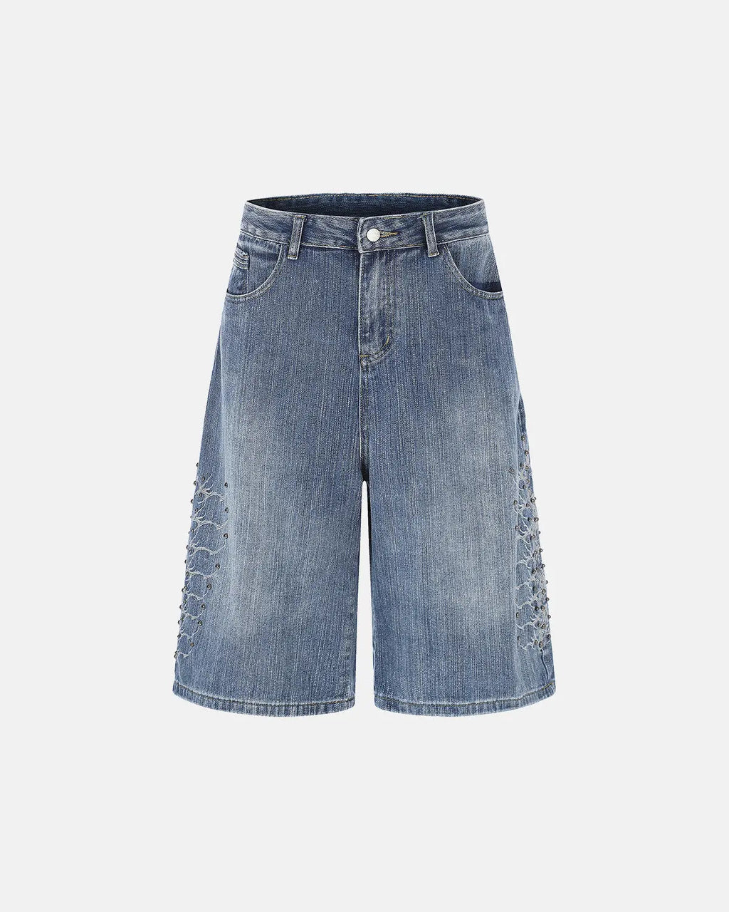 Inflation Streetwear studded bamboo weave jorts, casual denim pants with metal stud accents and bamboo-inspired design details.