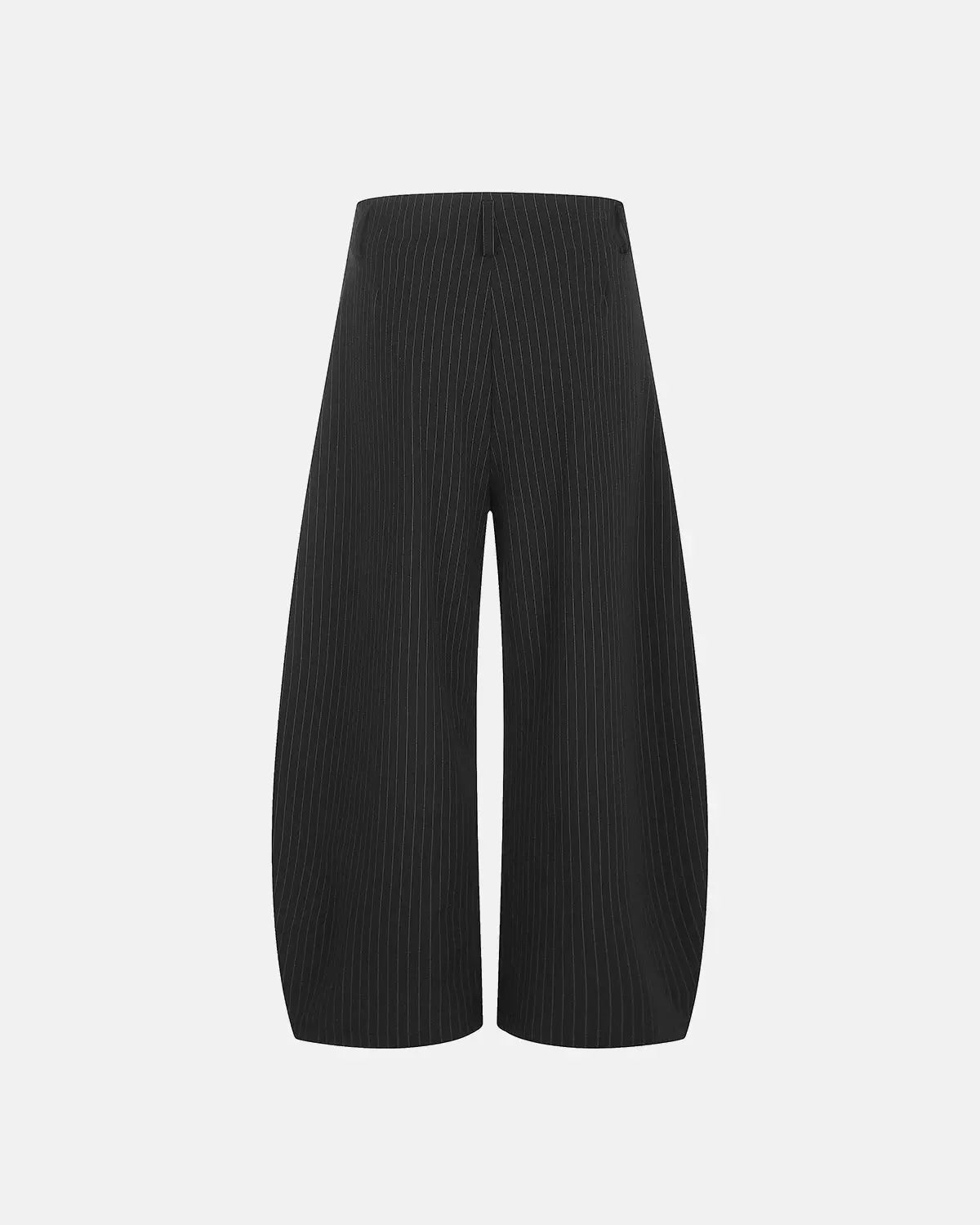 Inflation streetwear pinstripe pleated barrel pants, tailored fit with a stylish design, shown on a model.