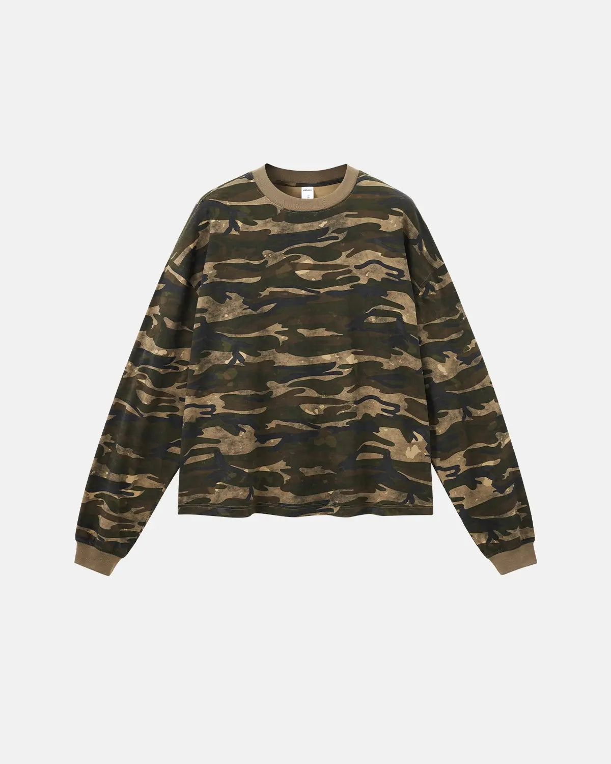 Inflation Streetwear Boxy Camo Tee in khaki with a relaxed fit and classic camouflage pattern, displayed on a hanger.