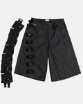 Raw denim tactical cargo jorts by INFLATION, knee-length tactical denim pants with multiple cargo pockets, streetwear style.