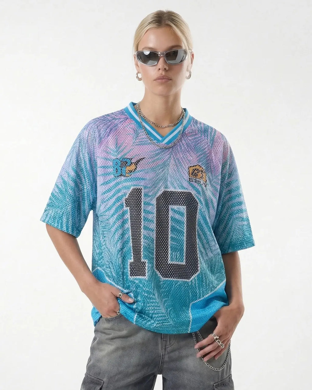 Oversized mesh football jersey by INFLATION, featuring breathable fabric and bold streetwear style for athletic or casual wear.