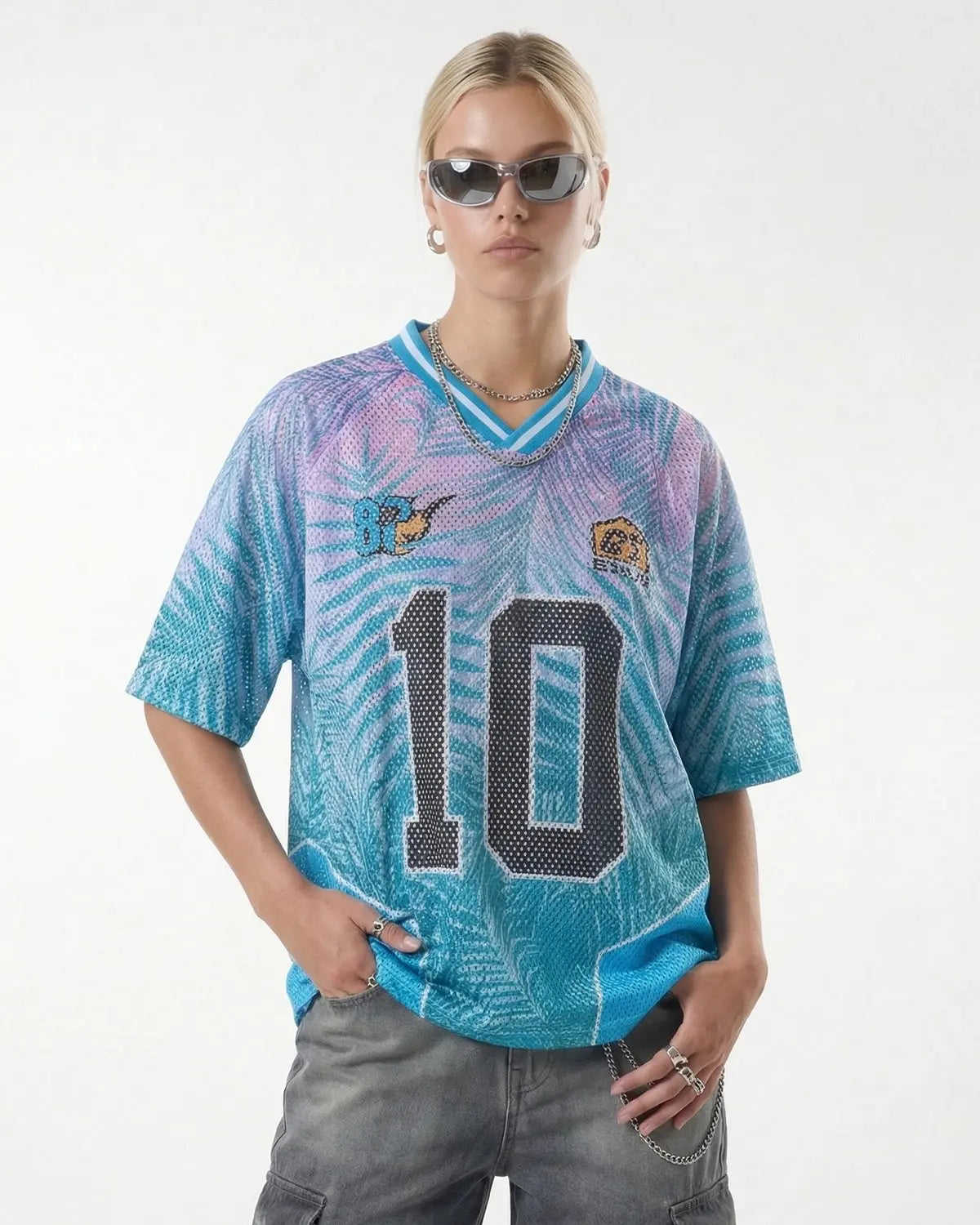 Oversized mesh football jersey by INFLATION, featuring breathable fabric and bold streetwear style for athletic or casual wear.