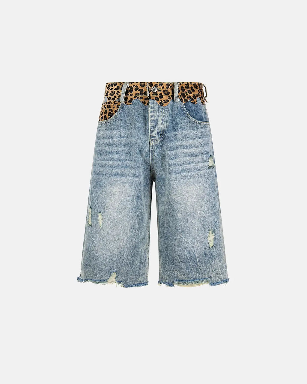 Leopard patchwork jorts by INFLATION, stylish denim pants with bold leopard print patchwork detail and frayed hem.