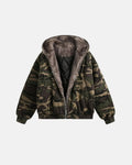 Inflation Camo Faux Fur Lined Bomber Jacket showing camouflage pattern, plush fur interior, and classic bomber style.