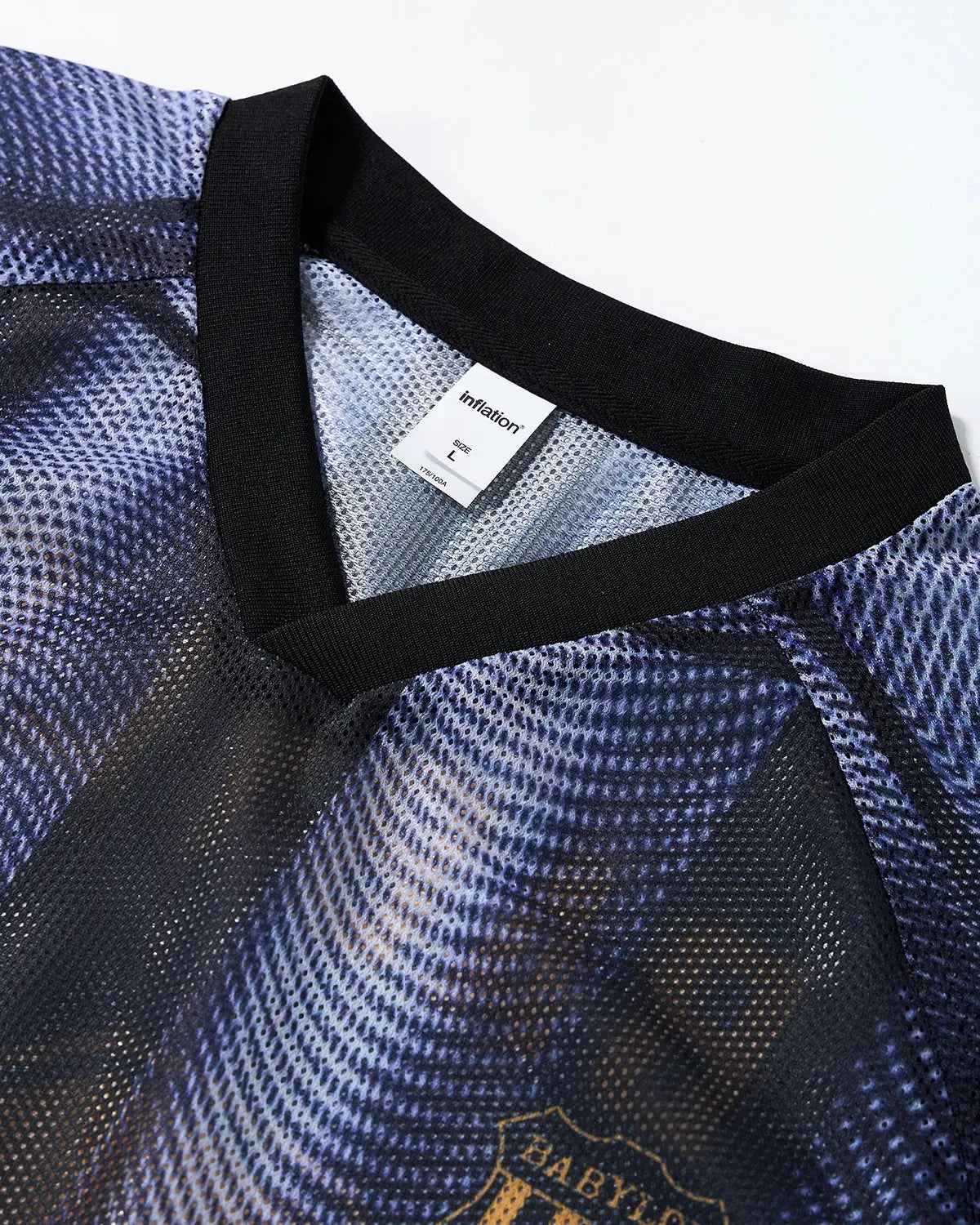 Inflation Streetwear gradient pattern mesh jersey t-shirt with vibrant colors and breathable fabric, casual streetwear style.