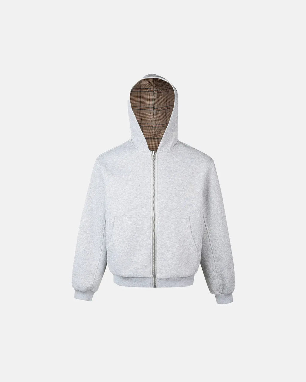 Yellow plaid reversible zip-up hoodie by INFLATION Streetwear, showing the front view with yellow and black plaid pattern and zip closure.