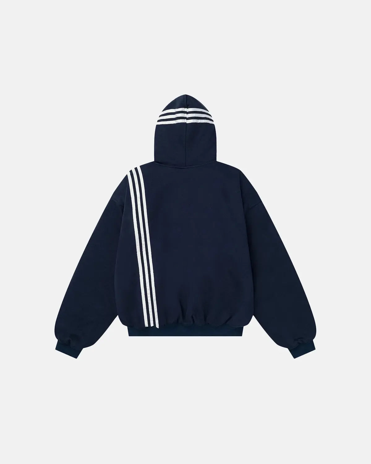 Gothic striped hooded bomber jacket by INFLATION featuring black and white vertical stripes and a casual streetwear style.