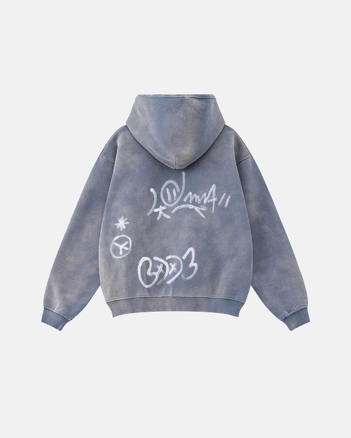 Inflation graffiti washed zip-up hoodie featuring bold graffiti design, casual streetwear style, and comfortable fit.