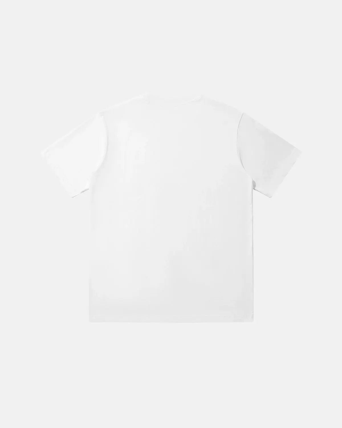 White cotton t-shirt with inflation logo print, casual streetwear tee, soft fabric and comfortable fit.