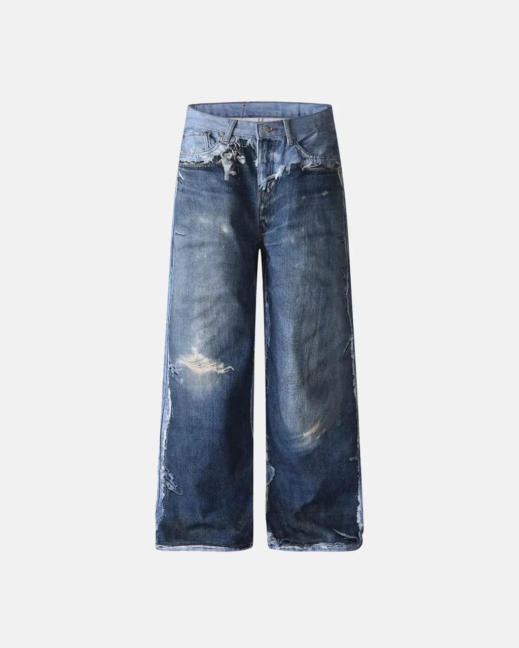 Digital print distressed baggy jeans by INFLATION featuring a relaxed fit, faded details, and streetwear style.