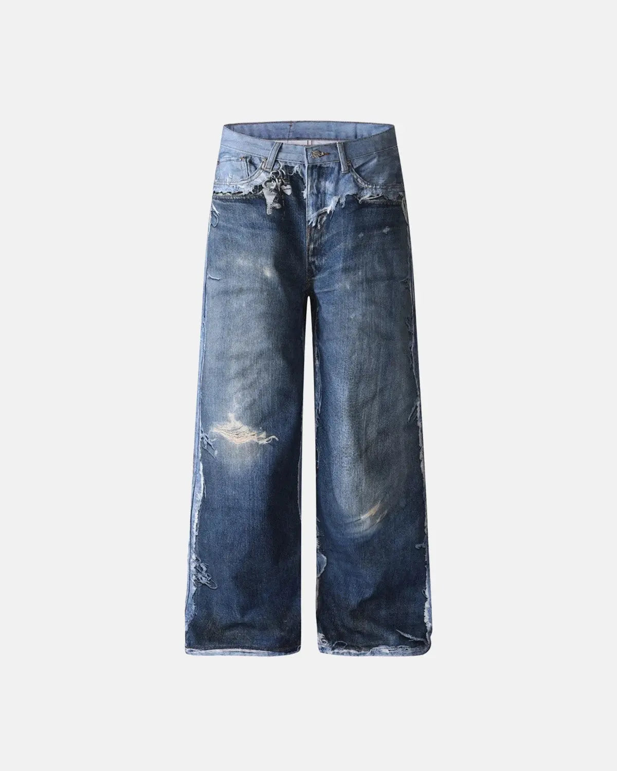 Digital print distressed baggy jeans by INFLATION featuring a relaxed fit, faded details, and streetwear style.