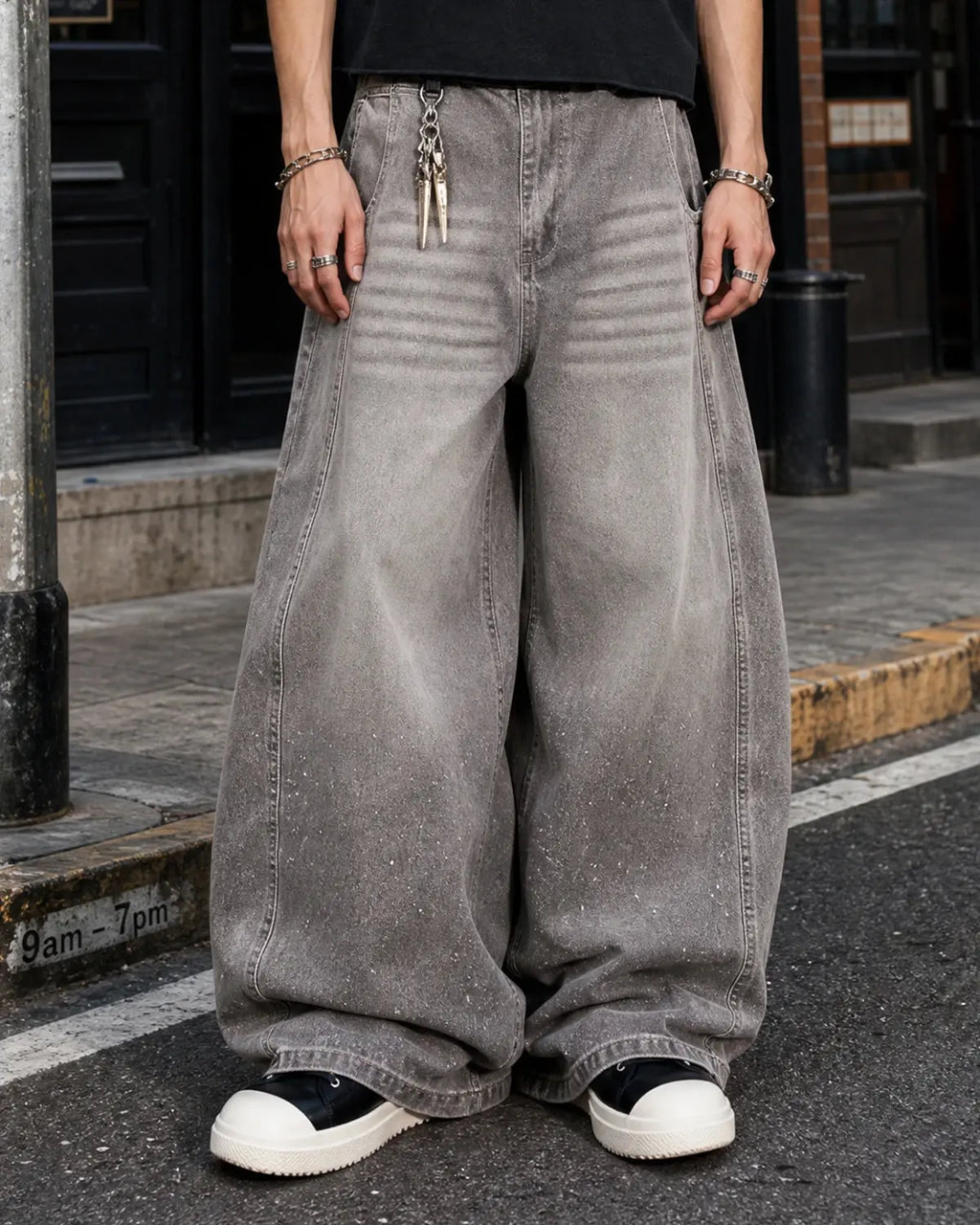 Rhinestone washed barrel jeans from INFLATION Streetwear, stylish denim pants with rhinestone embellishments and a relaxed fit.
