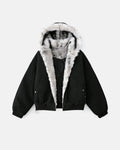 Inflation streetwear faux fur lined padded bomber jacket with a quilted design and ribbed cuffs, displayed on a hanger.