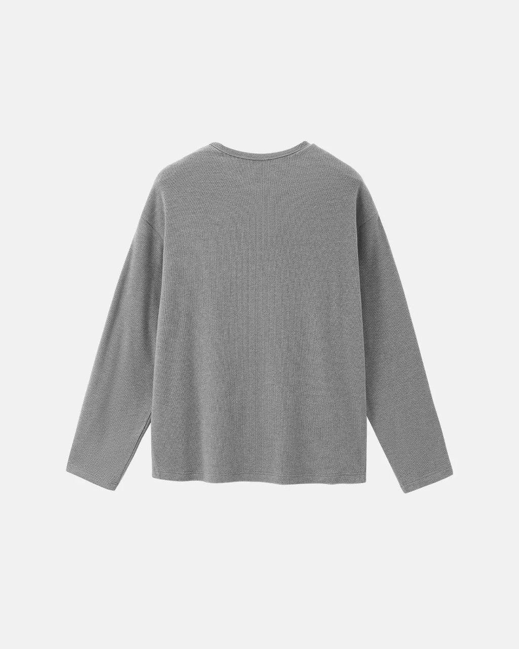 Inflation Streetwear Henley collar long sleeve T-shirt in neutral color, casual fit with visible stitching and ribbed cuffs.