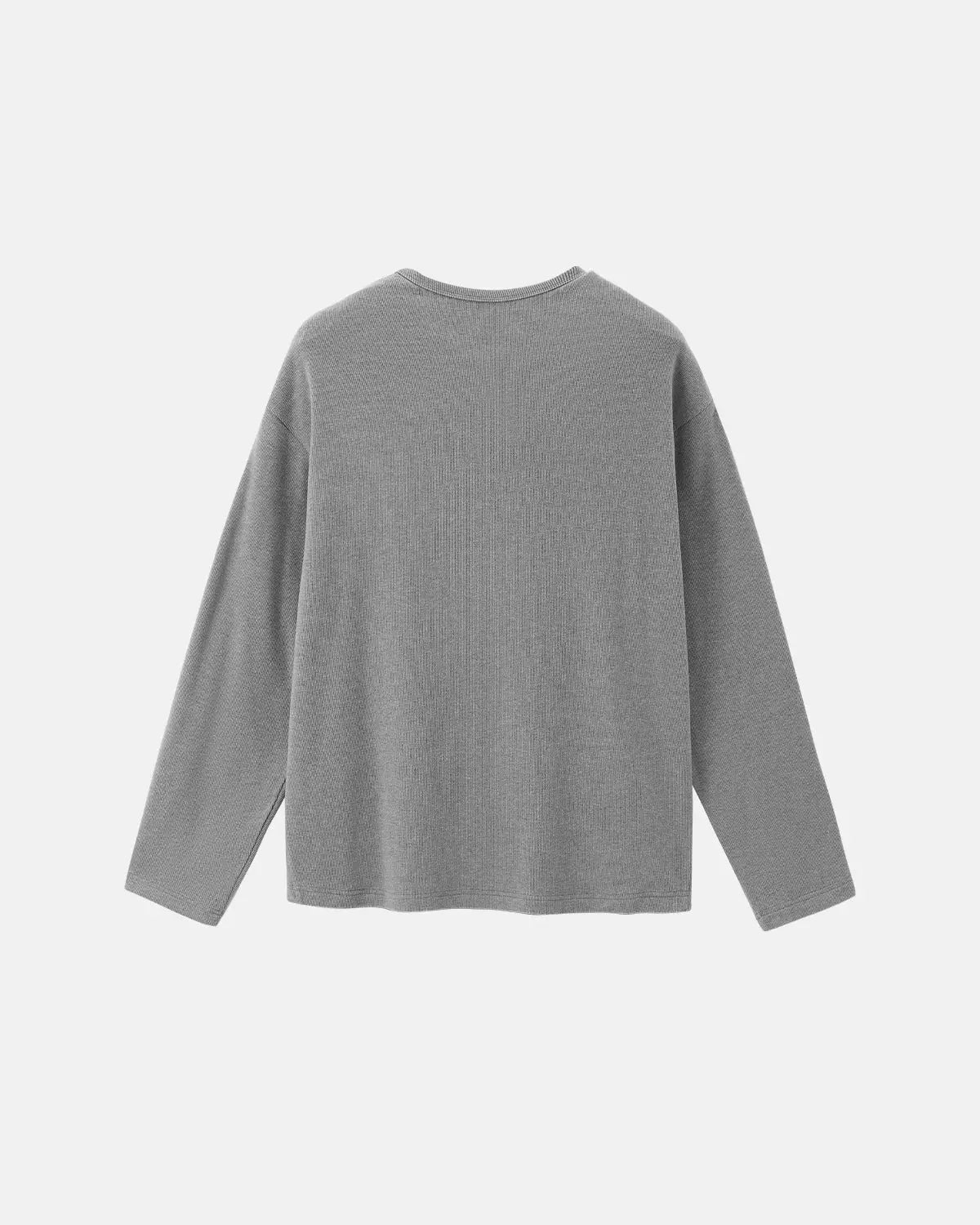 Inflation Streetwear Henley collar long sleeve T-shirt in neutral color, casual fit with visible stitching and ribbed cuffs.