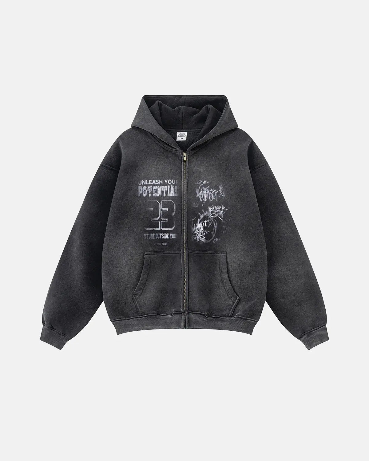 Inflation Streetwear graphic washed zip-up hoodie with bold design, featuring soft fabric and a casual fit.