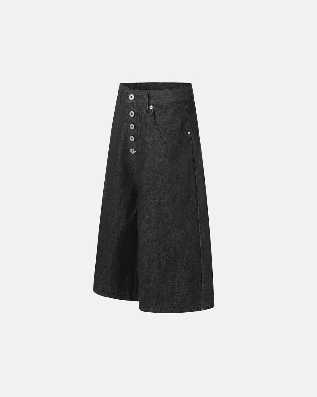 Inflation Streetwear button detail baggy denim jorts pants with distressed design and relaxed fit, casual streetwear style.
