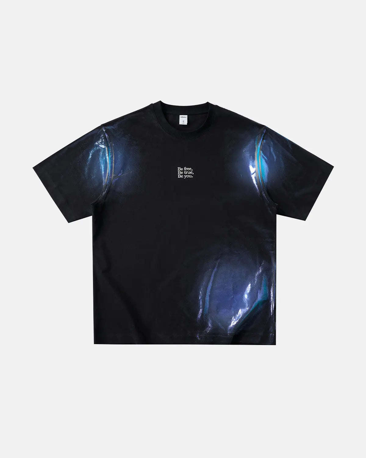 Iridescent shimmer oversized T-shirt by INFLATION featuring a reflective, colorful fabric and relaxed streetwear style.