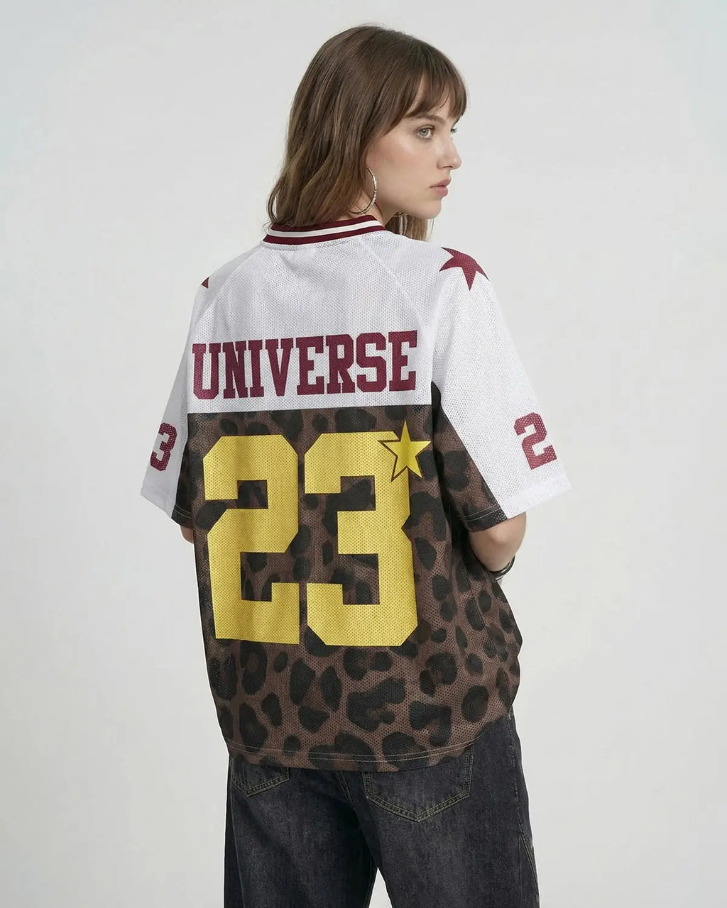 Number 23 Leopard Mesh Jersey by INFLATION with bold leopard print and breathable mesh fabric, stylish streetwear top.