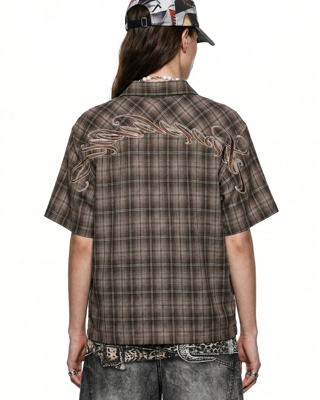 Inflation Streetwear plaid script embroidered shirt with a casual fit, featuring a classic collar and button-down front.