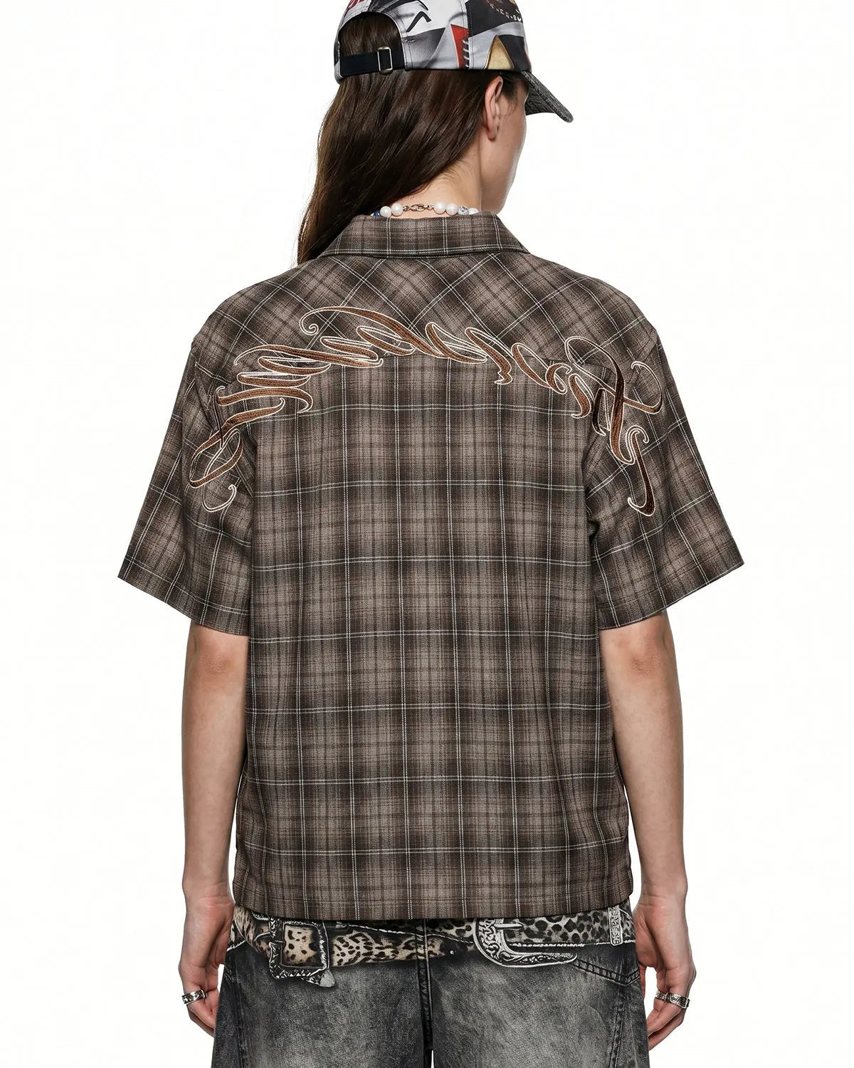 Inflation Streetwear plaid script embroidered shirt with a casual fit, featuring a classic collar and button-down front.