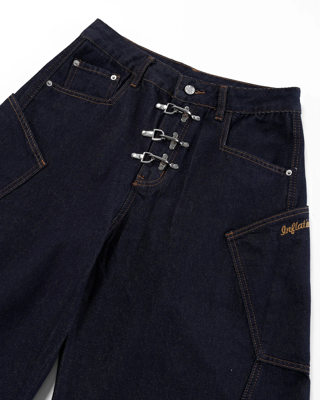 Raw barrel jeans with metal clasp details from Inflation Streetwear, showcasing classic denim fit and rugged style.