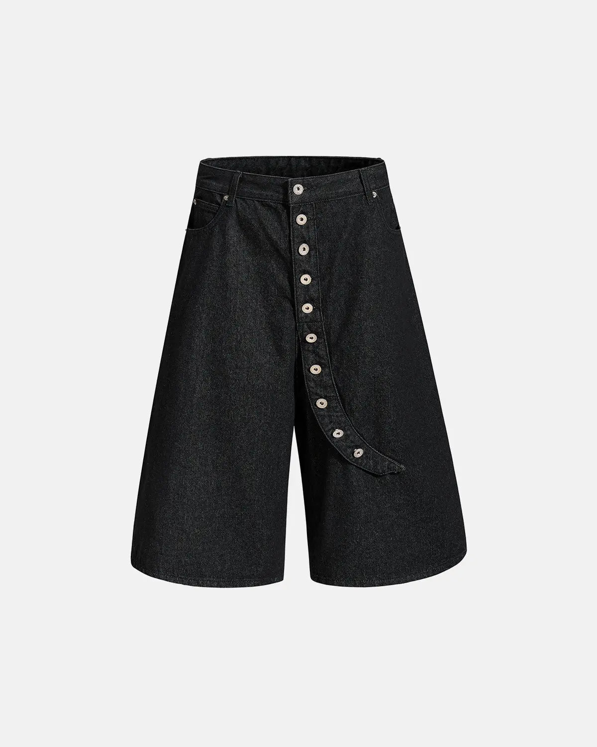 Asymmetric button raw denim jorts by INFLATION, casual streetwear pants with distressed details and raw hem, front view.