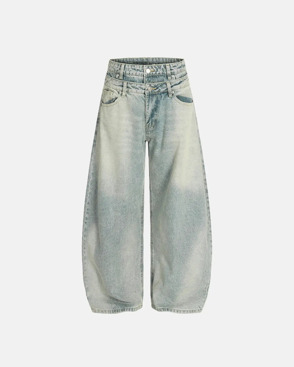 Acid washed baggy jeans with double waist design from INFLATION streetwear, featuring a relaxed fit and distressed detailing.
